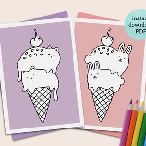 Tarjeta de helado de verano imprimible para colorear: divertidas tarjetas de verano para saludar con gatos de helado y conos de conejo.
