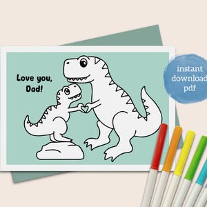 Biglietto di auguri T-Rex per la festa del papà stampabile per bambini da colorare, biglietto di auguri per papà con dinosauro in formato PDF da scaricare