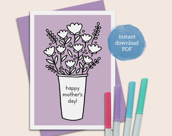 imprimer carte de fête des mères joyeuse fête des mères carte à colorier PDF avec motif floral et modèle d'enveloppe