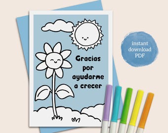 Biglietto di ringraziamento stampabile spagnolo "gracias por ayudarme a crecer" per l'apprezzamento dell'insegnante bilingue