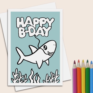Tarjeta para colorear de cumpleaños de tiburón de 5 x 7 pulgadas, tarjeta y sobre de la semana del tiburón bajo el mar