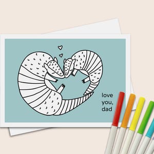 Biglietto d'auguri per la festa del papà con l'armadillo, formato 5x7, da colorare per papà. Biglietto d'auguri per la festa del papà in Texas per papà di Austin.