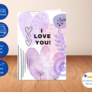 Tarjeta de felicitación imprimible * ¡Te amo! - Descarga digital instantánea, imprime en casa, 13 x 18 cm, interior en blanco, acuarela, amor, cariño