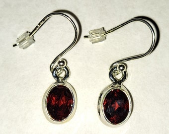 Garnet and Sterling Silver Faceted Dangle Oval Gemstone Earrings with Gift Bag