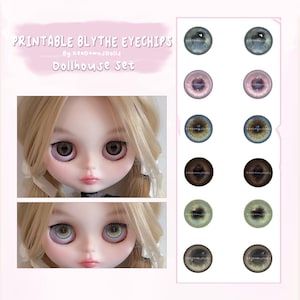 Può includere: Un foglio digitale di occhi stampabili per bambole Blythe intitolato "Printable Blythe Eyechips Dollhouse Set" con sei paia di disegni circolari dell'iride in blu, rosa, marrone, marrone scuro, verde e grigio, mostrati su una bambola bionda.