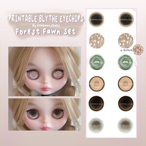Può includere: Un foglio digitale di eyechips stampabili per bambole Blythe intitolato Forest Fawn Set di KeaDawnsDolls. L'immagine mostra vari design oculari circolari, inclusi motivi marroni, maculati, verdi, venature del legno e toni chiari, insieme a due foto di una bambola bionda che indossa questi eyechips.