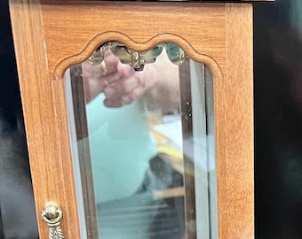 Vintage Mele Wood Glass Door Jewelry Cabinet with Mirrored Interior and Brass Chandelier, never used