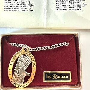 St. Domenic Medaille von Roman – Zweifarbiger Anhänger in Geschenkbox mit Einlage – Schutzpatron der Prediger & Gelehrten, neu, unbenutzt, 1980er Jahre
