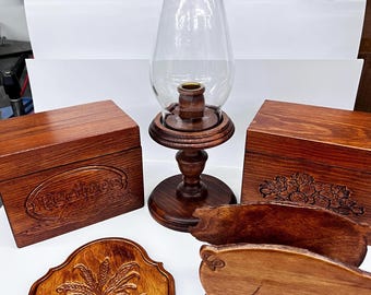 Rustic Wood Decor – Carved Recipe Boxe, Oil Lamp Base, Key Rack, and Pig Napkin Holder – Farmhouse Kitchen Charm, Vintage, New, Never Used