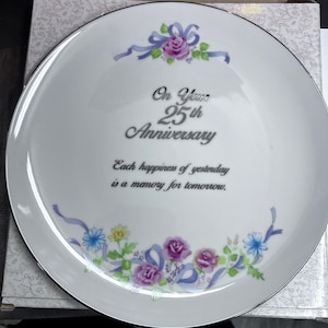 25th Anniversary Keepsake Plate – Silver Trim Floral Display with Sentimental Verse – Elegant Milestone Gift, by Russ, New, Never used