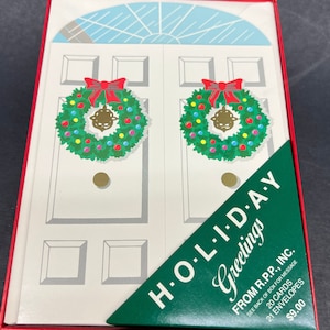 Cartões de Natal, vintage dos anos 80 por CR Gibson Cartão de Natal com árvore de Natal, saudações da estação