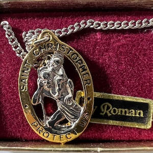 Saint Christopher Medal Necklace by Roman Silver & Gold Two-Tone Pendant in Original Box – Religious Travel Protection Gift, 80&#39;s, Brand New