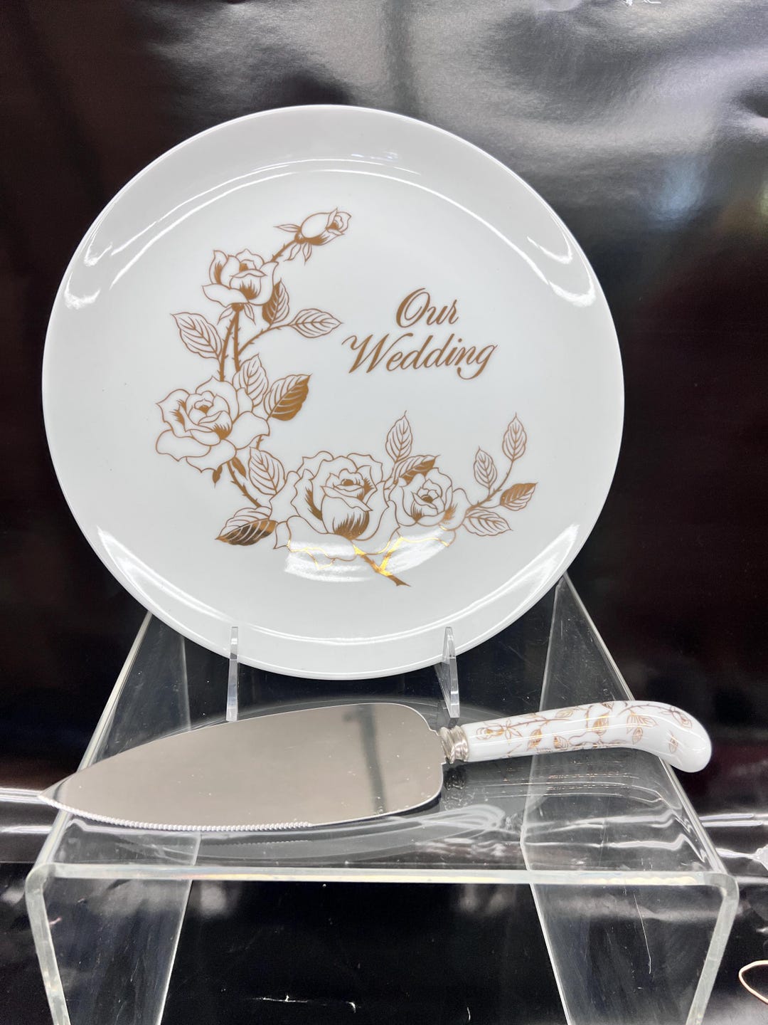 Wedding Cake Plate &amp; Server Set – White Porcelain With Gold Floral ...