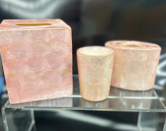 3-Piece Pink Shell Bathroom Set – plastic Tissue Box Cover, Toothbrush Holder & Tumbler – Coastal Vanity Decor, Vintage 80's Brand New