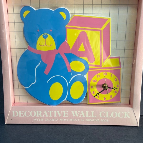 Horloge murale ours en peluche, horloge murale colorée et amusante pour enfants, par Creative Edge, vintage des années 1980, neuve, jamais utilisée