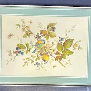 Floral Placemats with Birds and Berries, Vintage, by Pimpernel, New, Never Used, Set of 4 Mats each with the same design