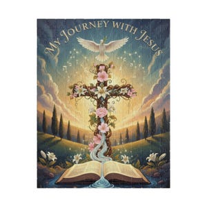May include: A jigsaw puzzle depicting a cross decorated with flowers, a dove, and an open book with water flowing from it. The text "My Journey with Jesus" is at the top. The background shows a landscape with trees and a sunset.