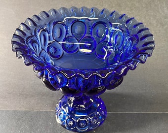 May include: A cobalt blue glass pedestal bowl with a scalloped rim and a starburst pattern. The bowl is on a pedestal base with a similar starburst pattern.