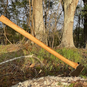 May include: A wooden-handled axe with a black metal head resting on a fallen log in a wooded area. The axe is lying on the ground with the handle extending to the left of the image. The axe head is partially obscured by the log.