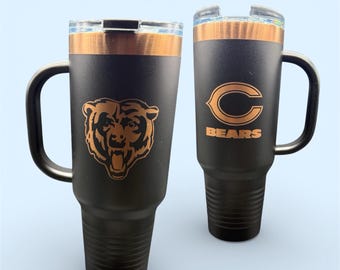 Polar Camel 40 oz. Black Travel Mug with Handle & Straw | Chicago Bears Inspired | Rose Gold Laser Engraved