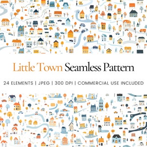 Little Town Nahtloses Wiederholungsmuster, digitale Papiere, Hintergrund, Tumbler Wrap, druckbar, kommerzielle Nutzung digitales Papier, Tassen, Wohndekoration