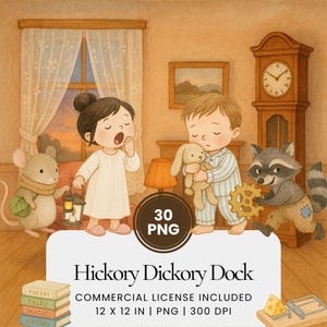 Hickory Dickory Dock Aquarell Clipart, Kinderreim Maus Uhr Kindergrafik, Babybuch Story Art PNGs, Kleinkind Storytime Dekor