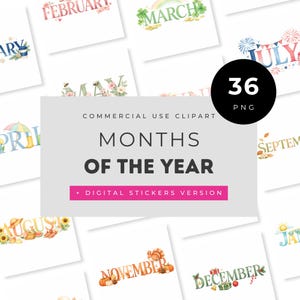 Puede incluir: Una colección de imágenes prediseñadas digitales con los meses del año, cada una con un diseño único de acuarela. La imagen incluye el texto "Months of the Year" y "Digital Stickers Version". Un círculo negro muestra "36 PNG".