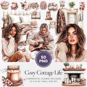 Cozy Cottage Life Clipart - 50 PNG - Digitale planner, junkjournaal, commercieel gebruik, sublimatie, scrapbooking, kaarten, stickers, scène, mokken