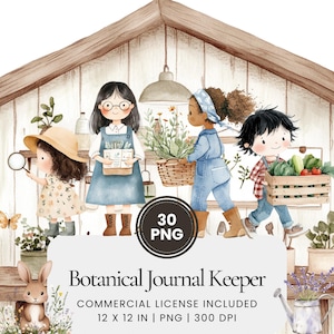 Puede incluir: Un conjunto de 30 ilustraciones digitales con personajes de estilo acuarela en un entorno de jardín. Los personajes son una niña con gafas que sostiene una planta, una niña con una bandana que sostiene una cesta de plantas y un niño que sostiene una caja de verduras. Las ilustraciones miden 30,5 cm por 30,5 cm y 300 DPI.