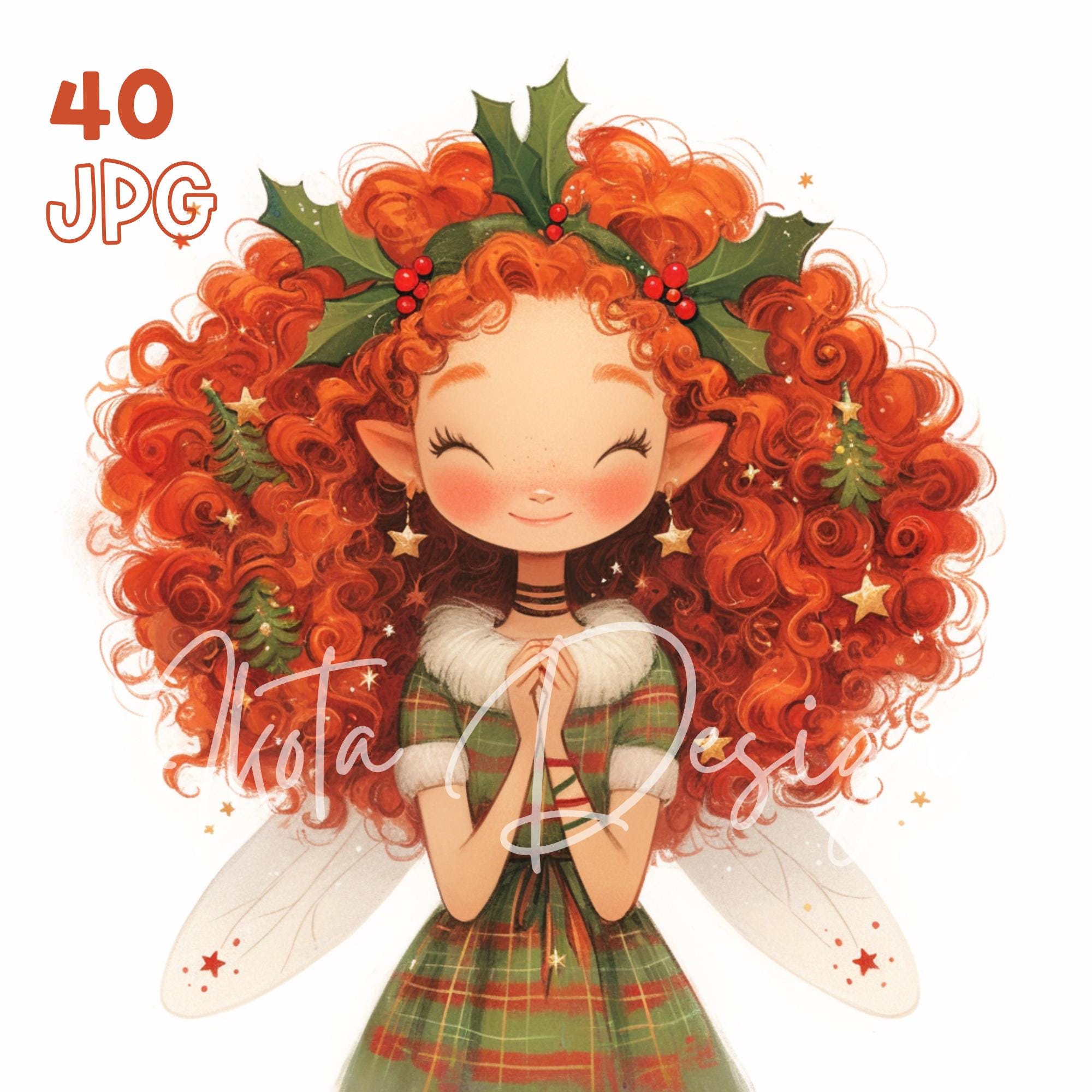 Red-haired Fairy - 40 High Quality JPG - Digital Planner, Junk Journaling, Watercolor, Wall Art, Commercial Use, Scrapbooking, Christmas