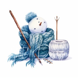 Puede incluir: Un mu&ntilde;eco de nieve con una bufanda de punto azul, un palo de madera y una bobina de hilo blanco a su lado.