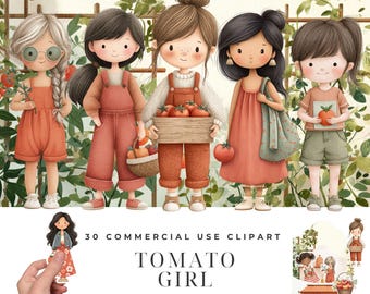 Tomato Girl aquarel clipart bundel, minimale kinderboekkunst, verjaardagsafbeeldingen met bessenthema, schattig tomatenmeisje zomerse kieskeurige knipsels pakket