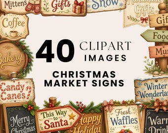 Christmas Market Signs Clipart, Rustic Wood Sign PNG, Vintage Chalkboard Illustrations, Watercolor Holiday Signage Bundle, Commercial Use
