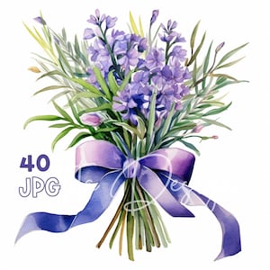 Lavendel boeket met lint clipart - 40 hoge kwaliteit JPG's - digitale planner, junk journaling, aquarel, commercieel gebruik, digitale download