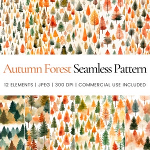 Autumn Forest Digital Papers, Watercolor Forest Seamless Repeat Pattern, Background, Printable Digital Paper, Commercial Use Digital Paper
