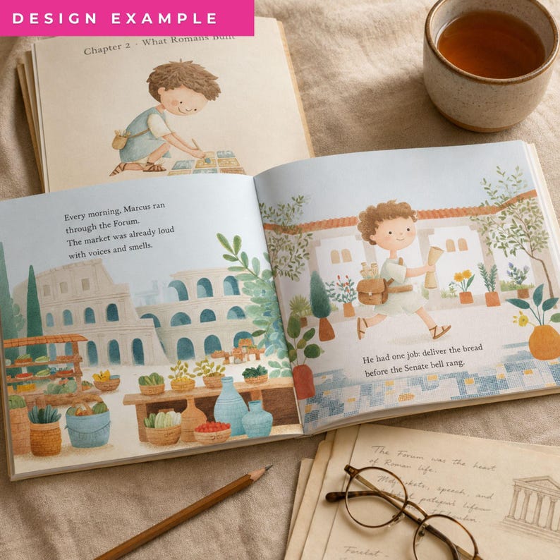 May include: An open children's storybook featuring watercolor illustrations of a young character named Marcus in ancient Rome. The pages show a bustling market scene with a Colosseum backdrop, text about delivering bread, and a second book cover.