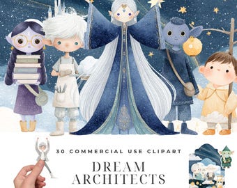 Dream Architects Clipart Bundle, Watercolor Dream World Builders Illustrations, Cloud Castle Aurora, Nightmare Jar Fantasy Designs Download