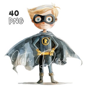 Superheld Boy Clipart - 40 PNGs van hoge kwaliteit - Digitale Planner, Junk Journaling, Aquarel, Muurkunst, Commercieel Gebruik, Digitale Download, Mok