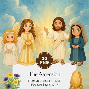 May include: Digital illustration of a religious scene, featuring figures with halos and wings against a cloudy sky. The image includes the text "The Ascension" and "30 PNG". The image is 30.48 x 30.48 cm.