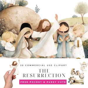 Puede incluir: Ilustración en acuarela de la resurrección con Jesús, ángeles y otras figuras. La imagen incluye el texto "The Resurrection" y "30 Commercial Use Clipart". La paleta de colores utiliza tonos pastel suaves y tonos tierra.