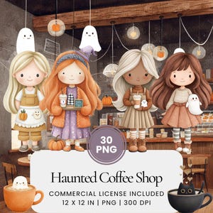 Puede incluir: Ilustración en acuarela de un "Haunted Coffee Shop" con cuatro personajes de dibujos animados con atuendos otoñales. Los personajes sostienen tazas de café y están acompañados de fantasmas y calabazas. La imagen incluye el texto "30 PNG" y "Haunted Coffee Shop".