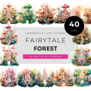 Fairytale forest clipart bundle, whimsical fantasy castle illustrations for crafting, magical woodland set for creative fairytale projects