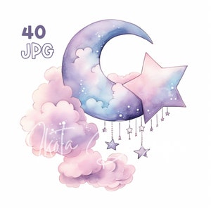 Maan & Sterren Clipart - 40 Hoge Kwaliteit JPG - Digitale Planner, Junk Journaling, Aquarel, Wandkunst, Commercieel Gebruik, Digitale Download, Mokken