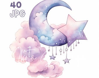 Moon & Stars Clipart - 40 High Quality JPG - Digital Planner, Junk Journaling, Watercolor, Wall Art, Commercial Use, Digital Download, Mugs