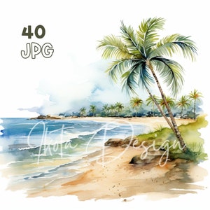 Strand uitzicht scène clipart-40 hoge kwaliteit JPG's-digitale planner, junk journaling, aquarel, commercieel gebruik, digitale download, mokken