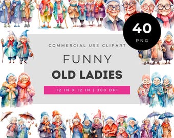 Funny Old Ladies Clipart Set, Whimsical Granny Illustrations for Crafts, Cute Elderly Characters for Cards, Scrapbooking and Printables