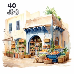 Clipart du marché marocain - 40 JPG de haute qualité - Planificateur numérique, Junk Journaling, Aquarelle, Art mural, Utilisation commerciale, Téléchargement numérique