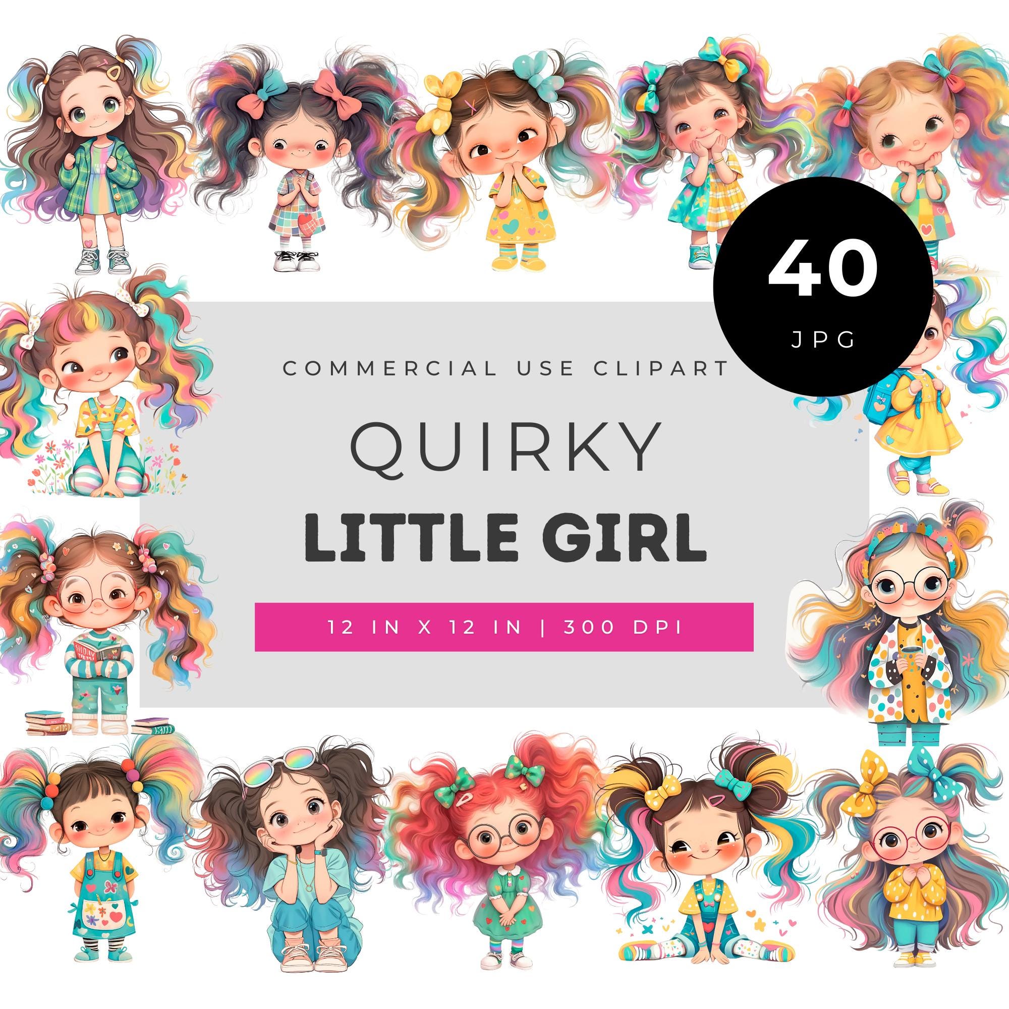 Quirky Little Girl Clipart Set, Colorful Cute Girls for Stickers, Kids ...