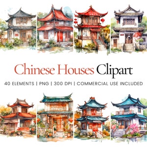 Chinese House Clipart - 40 PNG di alta qualità - Pianificatore digitale, Junk Journaling, Acquerello, Uso commerciale, Download digitale