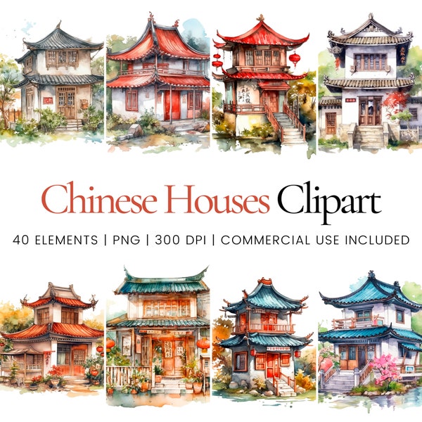 Chinese House Clipart - 40 High Quality PNGs - Digital Planner, Junk Journaling, Watercolor, Commercial Use, Digital Download